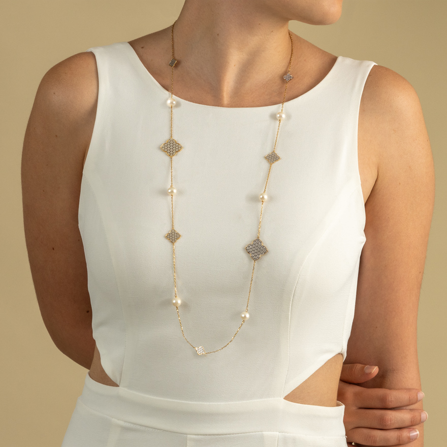 Arabesque Long Necklace with Pearl in 18K Gold